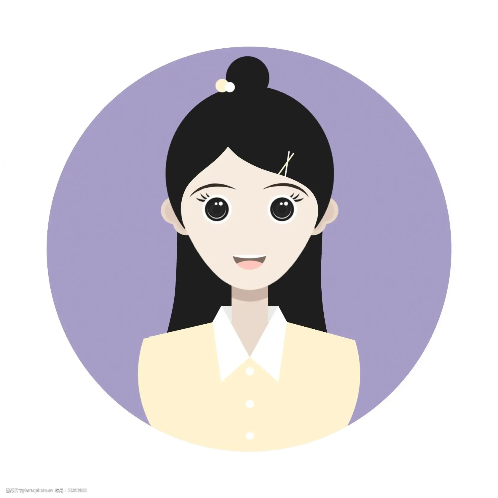 插图以紫色圆形背景为衬托，描绘了一位面带微笑的黑色长发女性，身穿乳白色上衣，领口为白色。.